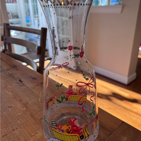 Anthropologie Festive Glass Carafe with Red and Gold Accents - Picture 1 of 5